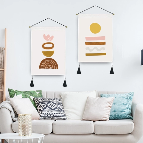 Abstrakte Geometrische Wandteppich Nordischen Stil Hängende Kunst Dekor Mit Quasten Und Holzstab Polyester Baumwolle Leinwand