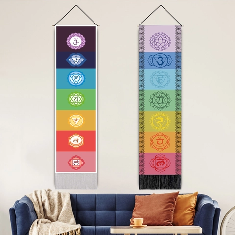 Seven Chakras Mandala Wall Hanging Tapestry Vertical Long Scroll With Wood Rod Tassel Polyester Cotton Yoga Meditation Home Decor