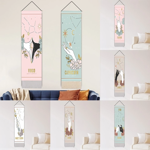Arazzo da Parete con Segni Zodiacali in Poliestere Cotone con Asta di Legno e Nappine Boho Celestiale Arredamento Casa