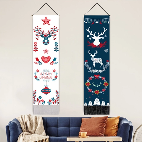 Tapisserie de Noël Nordique Motif Renne Flocon de Neige Tenture Murale Avec Gland Polyester Peinture Décorative Pour Salon