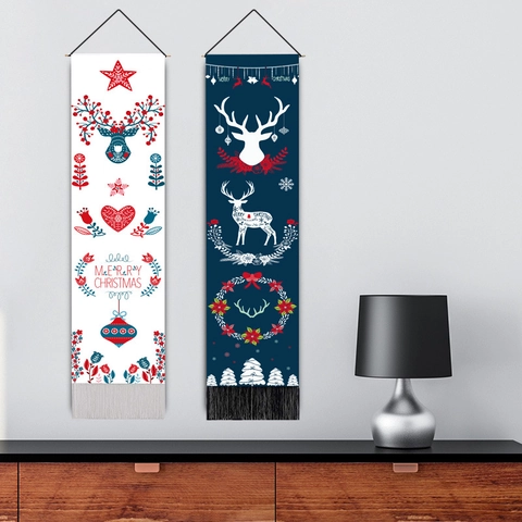 Tapisserie de Noël Nordique Motif Renne Flocon de Neige Tenture Murale Avec Gland Polyester Peinture Décorative Pour Salon