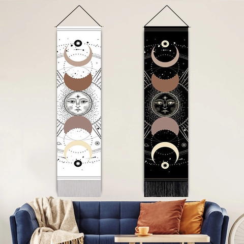 Bohemian Moon Phase Wall Hanging Tapestry Cotton Linen With Wooden Rod Tassel Celestial Sun Astrology Decor
