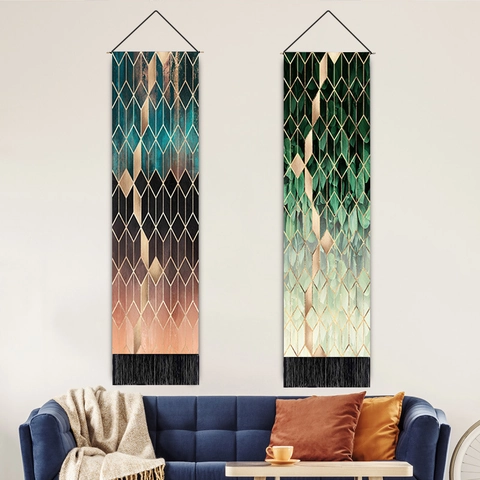 Modern Geometric Abstract Wall Tapestry Long Vertical Decorative Hanging Painting With Tassels And Wooden Rod For Living Room Bedroom Home Decor