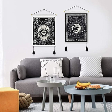 Tarot Zon Maan Wandtapijt Wanddecoratie Hangend Met Houten Stok Kwasten Polyester Katoen Mystiek Boho Decor