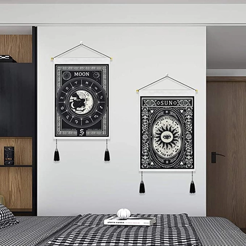 Tarot Zon Maan Wandtapijt Wanddecoratie Hangend Met Houten Stok Kwasten Polyester Katoen Mystiek Boho Decor