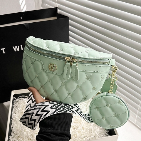 Marsupio da Donna Trapuntato a Rombi Borsa da Petto con Ricamo a Cuore e Tracolla Geometrica Larga Borsa a Tracolla in PU con Portamonete
