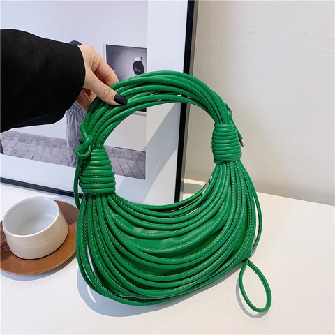 Fashion Woven Knotted Handbag Women PU Leather Crescent Hobo Bag Multi-Layer Tubular Design Shoulder Bag