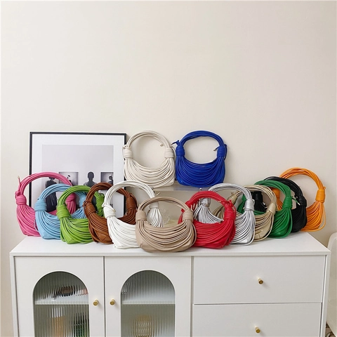 Fashion Woven Knotted Handbag Women PU Leather Crescent Hobo Bag Multi-Layer Tubular Design Shoulder Bag