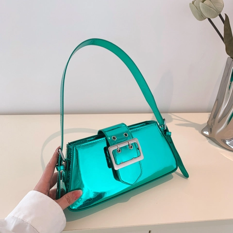 Minimalist Underarm Bag Metallic PU Leather With Large Silver Buckle Retro Baguette Shoulder Handbag For Women