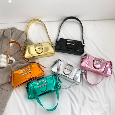Minimalist Underarm Bag Metallic PU Leather With Large Silver Buckle Retro Baguette Shoulder Handbag For Women