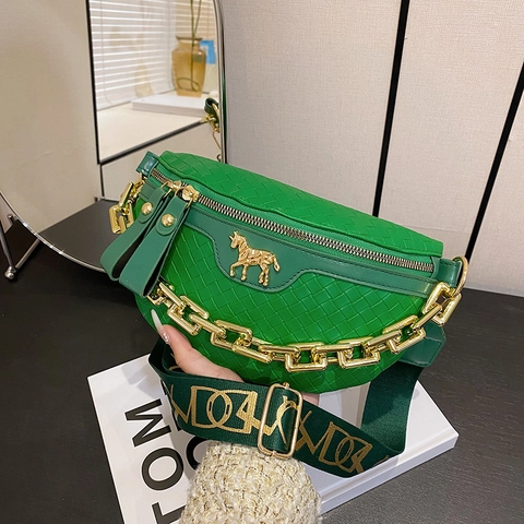 Fashion Woven PU Leather Waist Bag For Women Gold Chain Horse Logo Chest Bag Wide Strap Crossbody Bag Fanny Pack Handbag