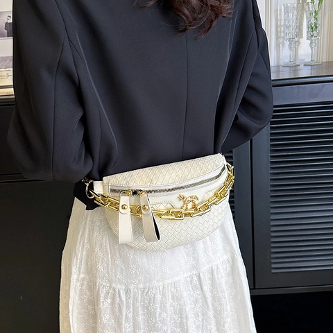 Fashion Woven PU Leather Waist Bag For Women Gold Chain Horse Logo Chest Bag Wide Strap Crossbody Bag Fanny Pack Handbag