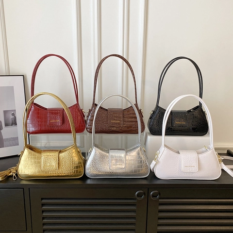 Bolso Baguette De Mujer En Cuero PU Con Relieve De Cocodrilo Bolso Al Hombro Cruzado Con Solapa Cierre Magnético Dorado