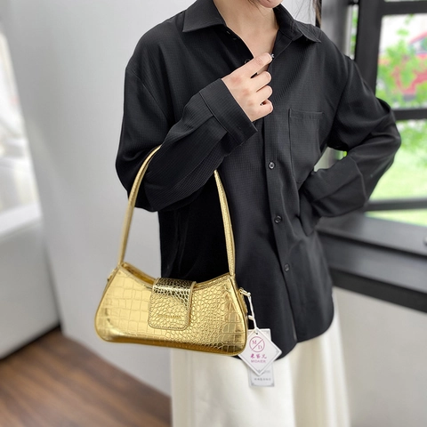Damen Kroko-Prägung PU-Leder Baguette Tasche Achsel Schulter Umhängetasche Mit Klappe Magnetverschluss Goldton