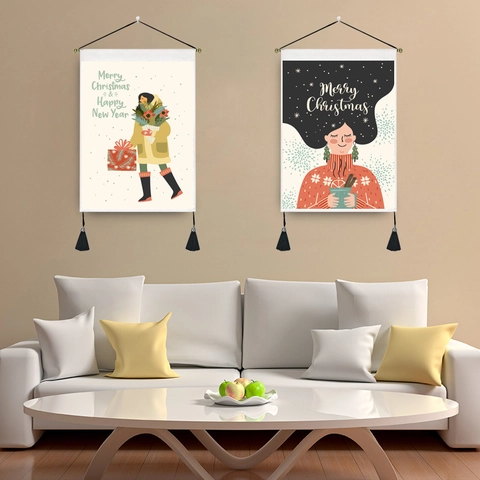 Tapisserie Murale De Noël En Coton Polyester Avec Pompons Et Corde Illustration De Dessin Animé Nordique Décor De Maison