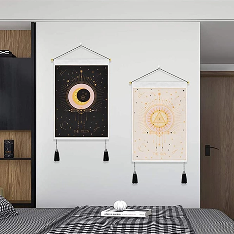 Bohemian Tapestry Wall Hanging Art Sun Moon Tarot Mystery Astrology Decor Polyester Cotton Fabric With Wooden Rod Tassels