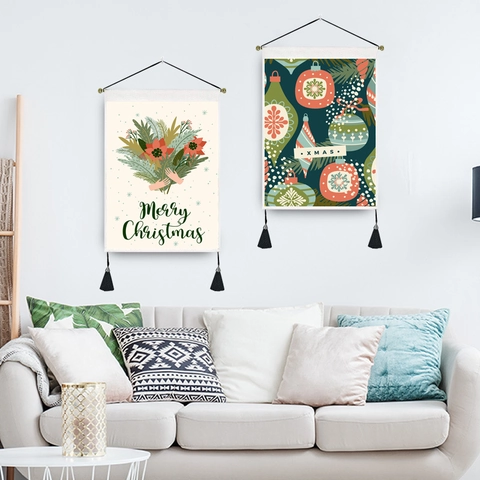 Tapisserie Murale De Noël En Coton Polyester Avec Pompons Et Corde Illustration De Dessin Animé Nordique Décor De Maison