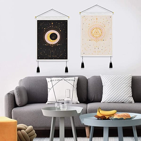 Bohemian Tapestry Wall Hanging Art Sun Moon Tarot Mystery Astrology Decor Polyester Cotton Fabric With Wooden Rod Tassels
