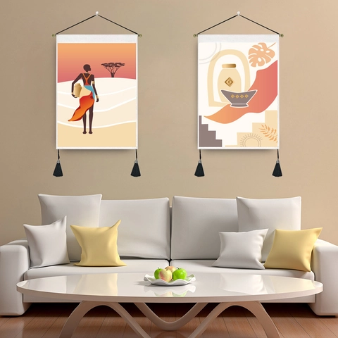 Abstrakt Afrikanische Frauen Wandteppich Polyester Baumwolle Ethnische Sonnenuntergang Dekorative Kunst Mit Quasten