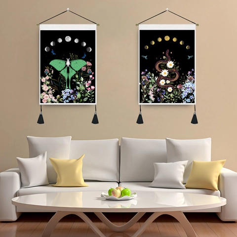 Wandteppich Polyester Luna Motte Schlange Muster Mondphasen Blumen Quaste Böhmischen Mystischen Stil Home Dekor
