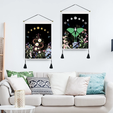 Wandteppich Polyester Luna Motte Schlange Muster Mondphasen Blumen Quaste Böhmischen Mystischen Stil Home Dekor