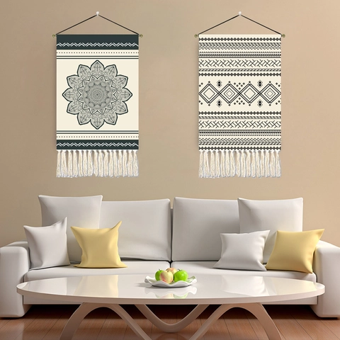 Bohemian Mandala Wall Hanging Tapestry Polyester Cotton Fabric Decorative With Tassels And Wood Rod Geometric Pattern Home Decor