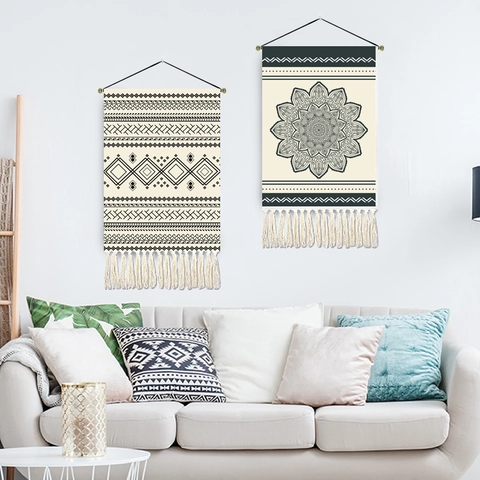 Bohemian Mandala Wall Hanging Tapestry Polyester Cotton Fabric Decorative With Tassels And Wood Rod Geometric Pattern Home Decor