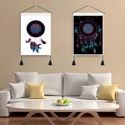 Arazzo da Parete Bohemian Acchiappasogni in Misto Cotone Motivo Mandala Arte da Parete Con Nappine e Asta Decorazione Casa
