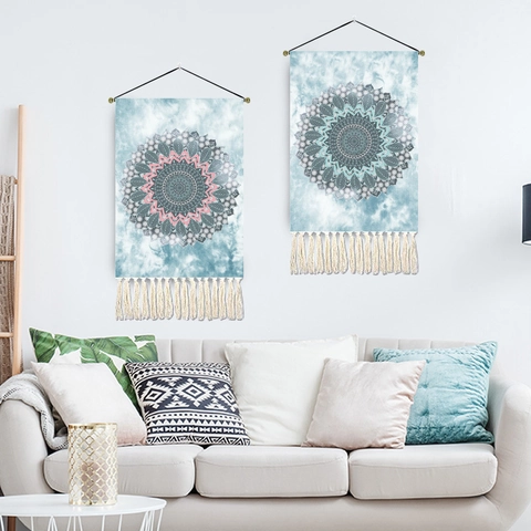 Boho Mandala Wandteppich Wandbehang Batik Polyester Baumwolle Mit Quasten Und Aufhängestange Für Wohnzimmer Schlafzimmer