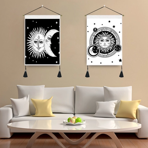 Sun Moon Astrology Wandbehang Tapisserie Böhmische Mystische Kunst Dekor Mit Quasten Und Aufhängestange Polyester Baumwolle