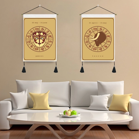 Constellation Zodiac Tapestry Wall Hanging Painting Polyester Cotton Fabric Scroll With Tassels Vintage Aesthetic Decor