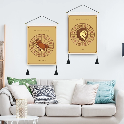 Constellation Zodiac Tapestry Wall Hanging Painting Polyester Cotton Fabric Scroll With Tassels Vintage Aesthetic Decor