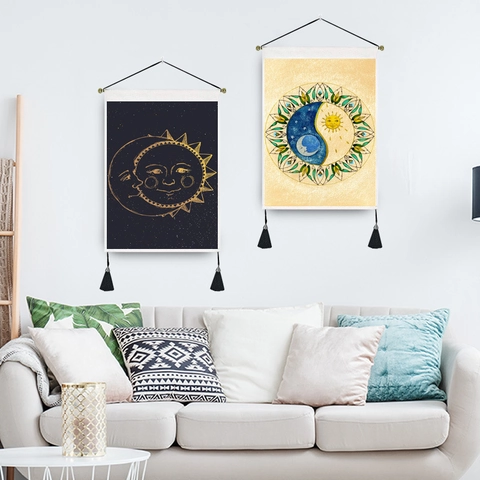 Sun Moon Astrology Wandbehang Tapisserie Böhmische Mystische Kunst Dekor Mit Quasten Und Aufhängestange Polyester Baumwolle