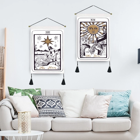 Tarot Card Tapestry Wall Hanging Cotton Polyester Blend With Tassels Rod Vintage Nordic For Bedroom Living Room Home Decor