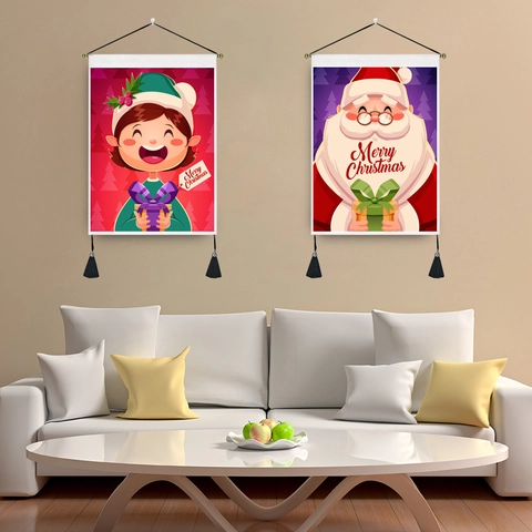 Arazzo Da Parete Natalizio In Poliestere Cotone Pittura A Rotolo Con Nappine E Asta Da Appendere Decorazione Casa