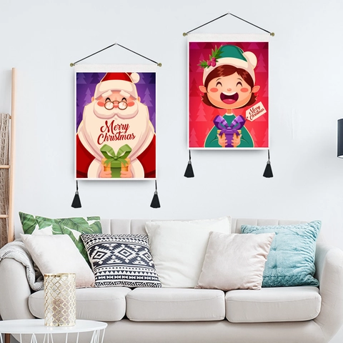 Arazzo Da Parete Natalizio In Poliestere Cotone Pittura A Rotolo Con Nappine E Asta Da Appendere Decorazione Casa