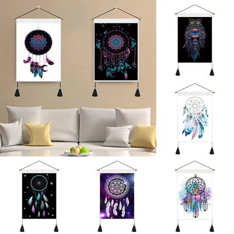 Arazzo da Parete Bohemian Acchiappasogni in Misto Cotone Motivo Mandala Arte da Parete Con Nappine e Asta Decorazione Casa