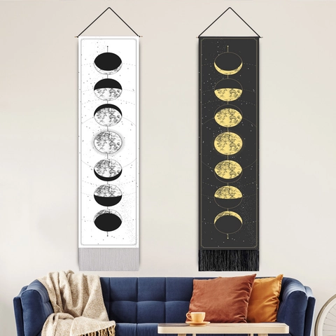 Tapisserie Murale Cycle Des Phases De La Lune Tissu Polyester Coton Avec Pompon Décoration Bohème Pour Salon