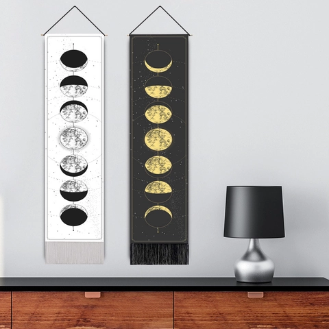Tapisserie Murale Cycle Des Phases De La Lune Tissu Polyester Coton Avec Pompon Décoration Bohème Pour Salon