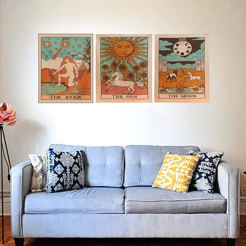 Tarot Card Tapestries Polyester Cotton Sun Moon Star Vintage Bohemian Retro Wall Hanging Decor Home Aesthetic