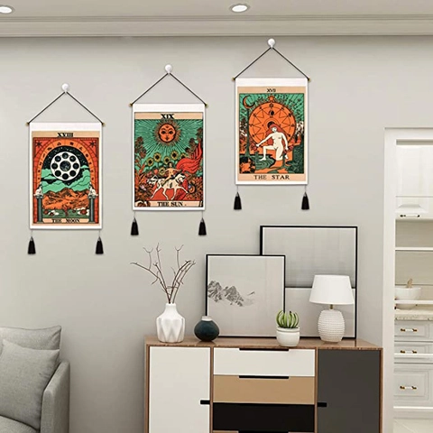 Böhmischer Tarotkarten Wandteppich Sonne Mond Sterne Wandbehang Polyester Baumwolle Mit Quasten Nordisches Dekor