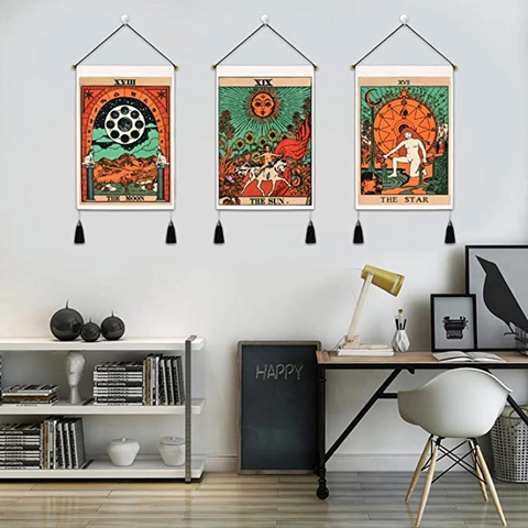 Böhmischer Tarotkarten Wandteppich Sonne Mond Sterne Wandbehang Polyester Baumwolle Mit Quasten Nordisches Dekor