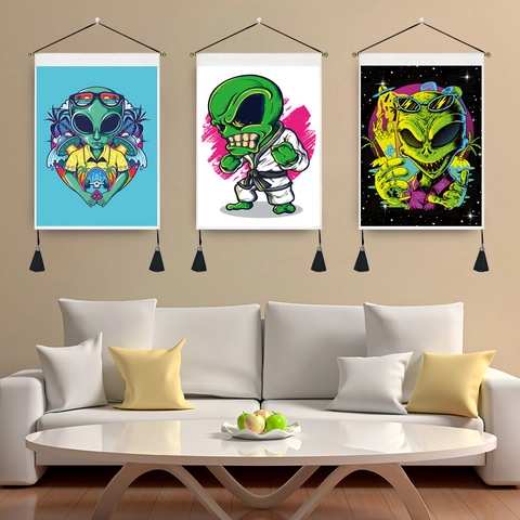 Alien Illustration Wall Tapestry Polyester Cotton Hanging Scroll With Wood Bar Tassel Nordic Space Theme Home Decor