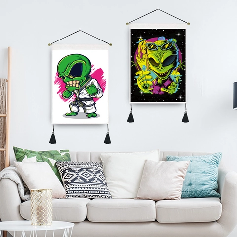 Alien Illustration Wall Tapestry Polyester Cotton Hanging Scroll With Wood Bar Tassel Nordic Space Theme Home Decor