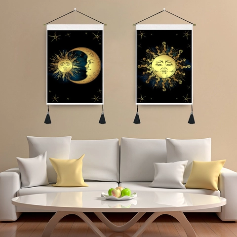 Böhmischer Wandteppich Baumwoll Polyester Mischung Sonne Mond Sterne Muster Mit Holzstab Und Quasten Heimdekoration