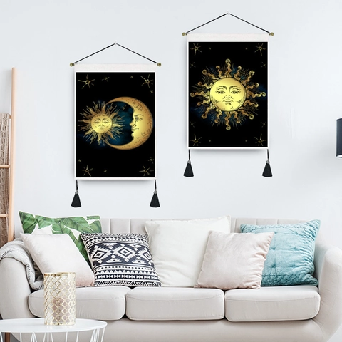 Böhmischer Wandteppich Baumwoll Polyester Mischung Sonne Mond Sterne Muster Mit Holzstab Und Quasten Heimdekoration