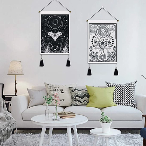Mystical Moth Moon Phase Wall Hanging Tapestry Scroll With Tassels Bohemian Black White Art For Bedroom Living Room Decor