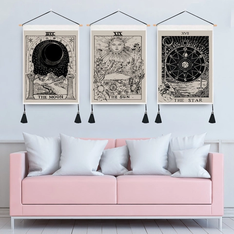 Tarot Card Wall Tapestry Polyester Cotton Sun Moon Star Hanging Painting With Wood Rod Tassels Bohemian Vintage Decor