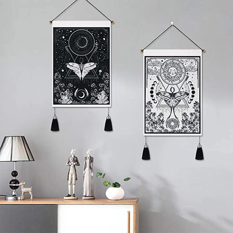 Mystical Moth Moon Phase Wall Hanging Tapestry Scroll With Tassels Bohemian Black White Art For Bedroom Living Room Decor