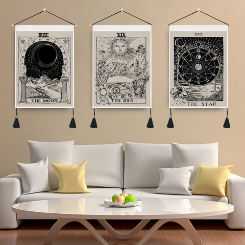 Tarot Card Wall Tapestry Polyester Cotton Sun Moon Star Hanging Painting With Wood Rod Tassels Bohemian Vintage Decor
